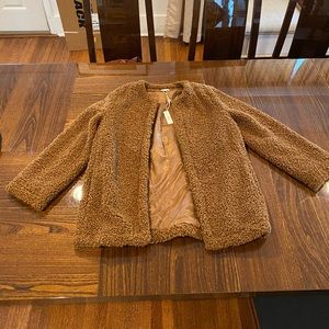 Max Studio Teddy Coat Collarless Tan Brown